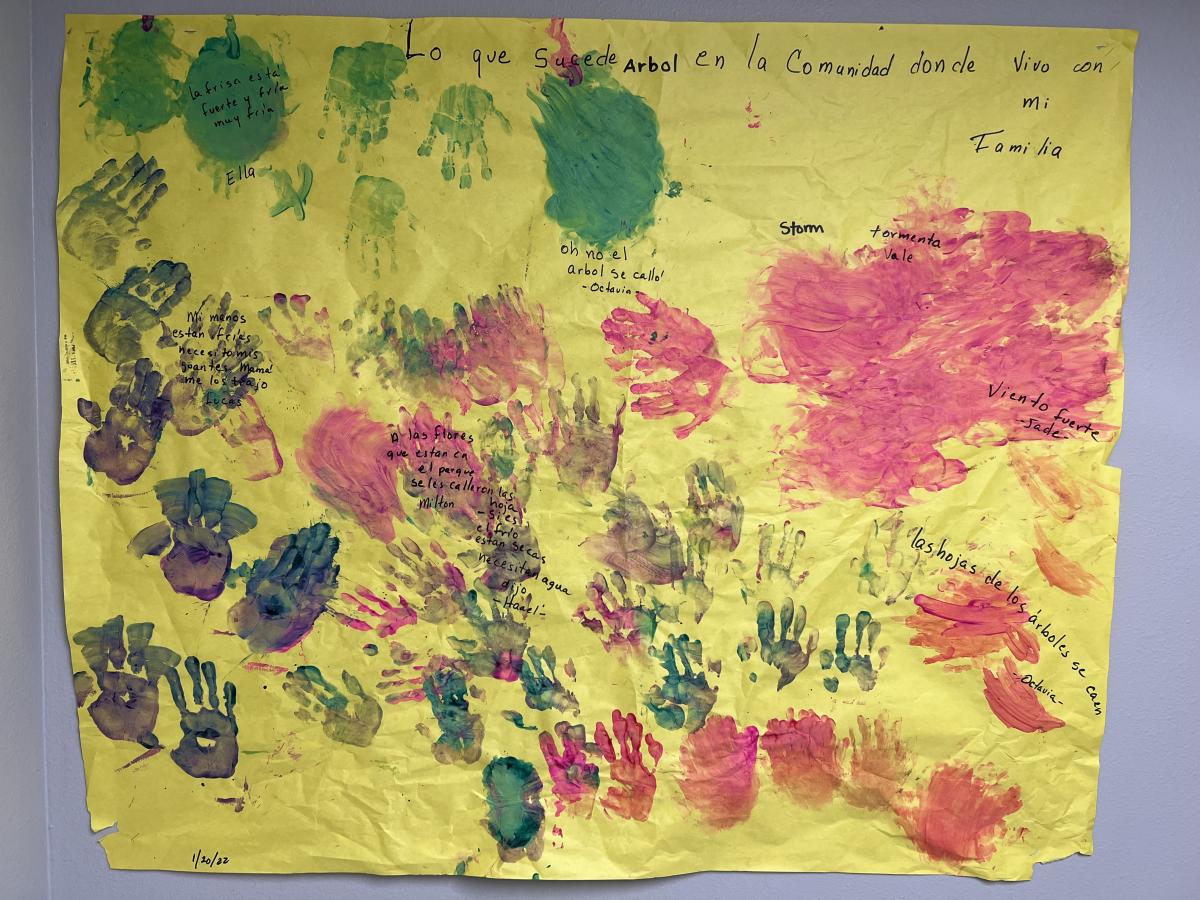 Children's handprints made with paint on a poster.