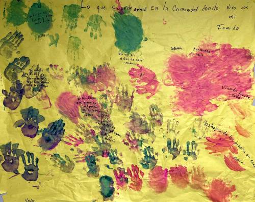 Art project with children's handprints and writing in Spanish